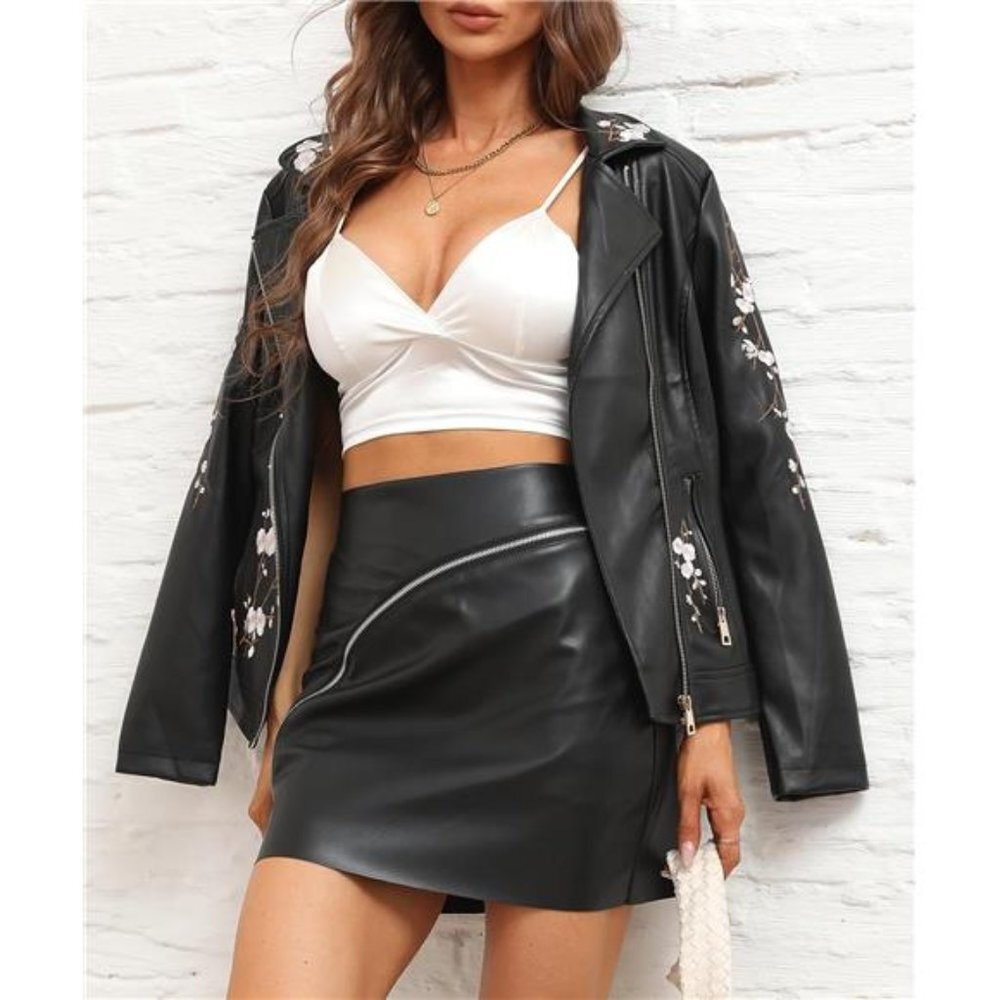 Black Floral Embroidered Faux Leather Jacket Motorcycle Biker Bomber Coat Jacket - Picture 3 of 6